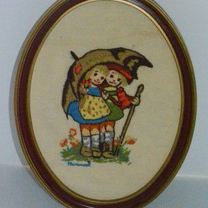 VTG Hummel Umbrella Children Framed Stitch Art